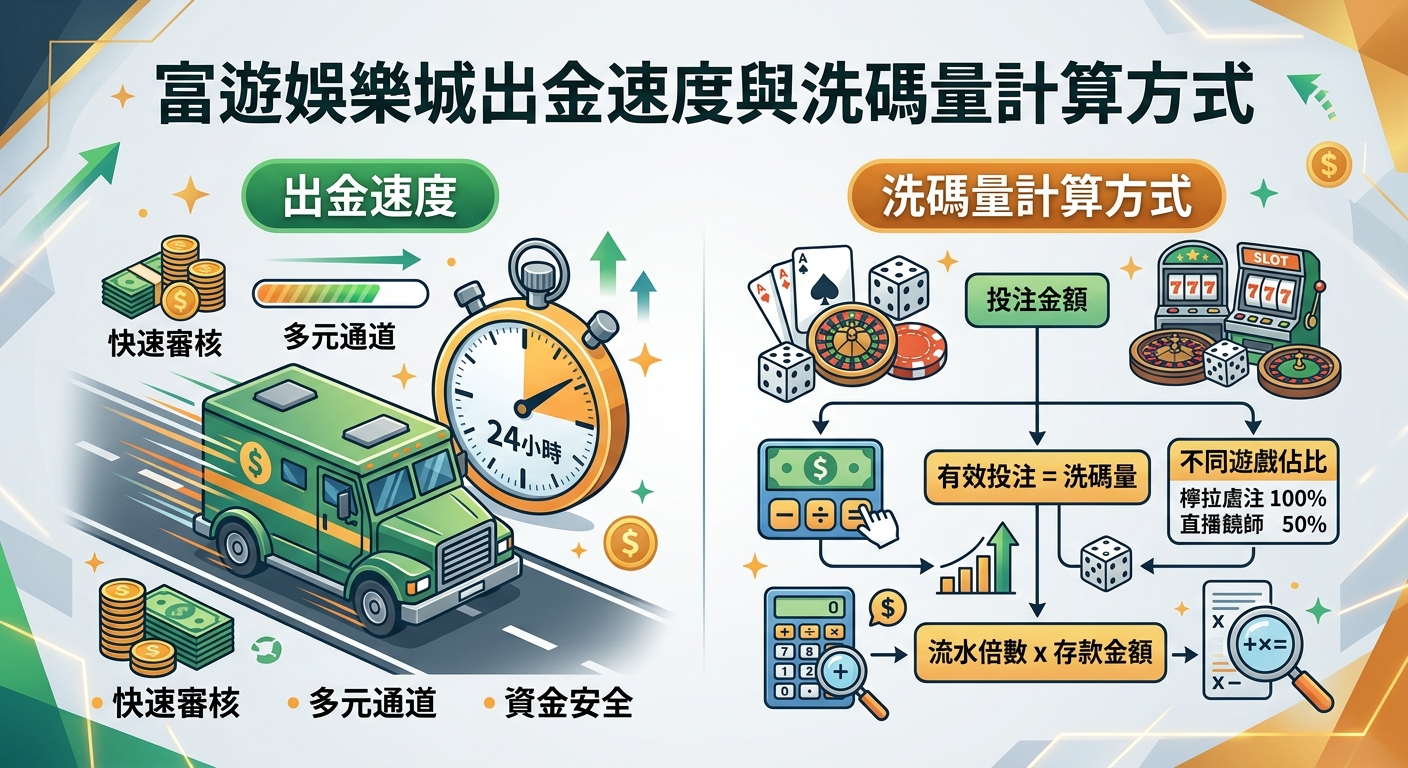 這張圖片採用現代簡潔的圖解風格,左側以速遞車與時鐘圖示展示「出金速度」的高效與安全性。 右側則運用計算機與流程圖,清晰呈現「洗碼量」的計算公式與有效投注結構。