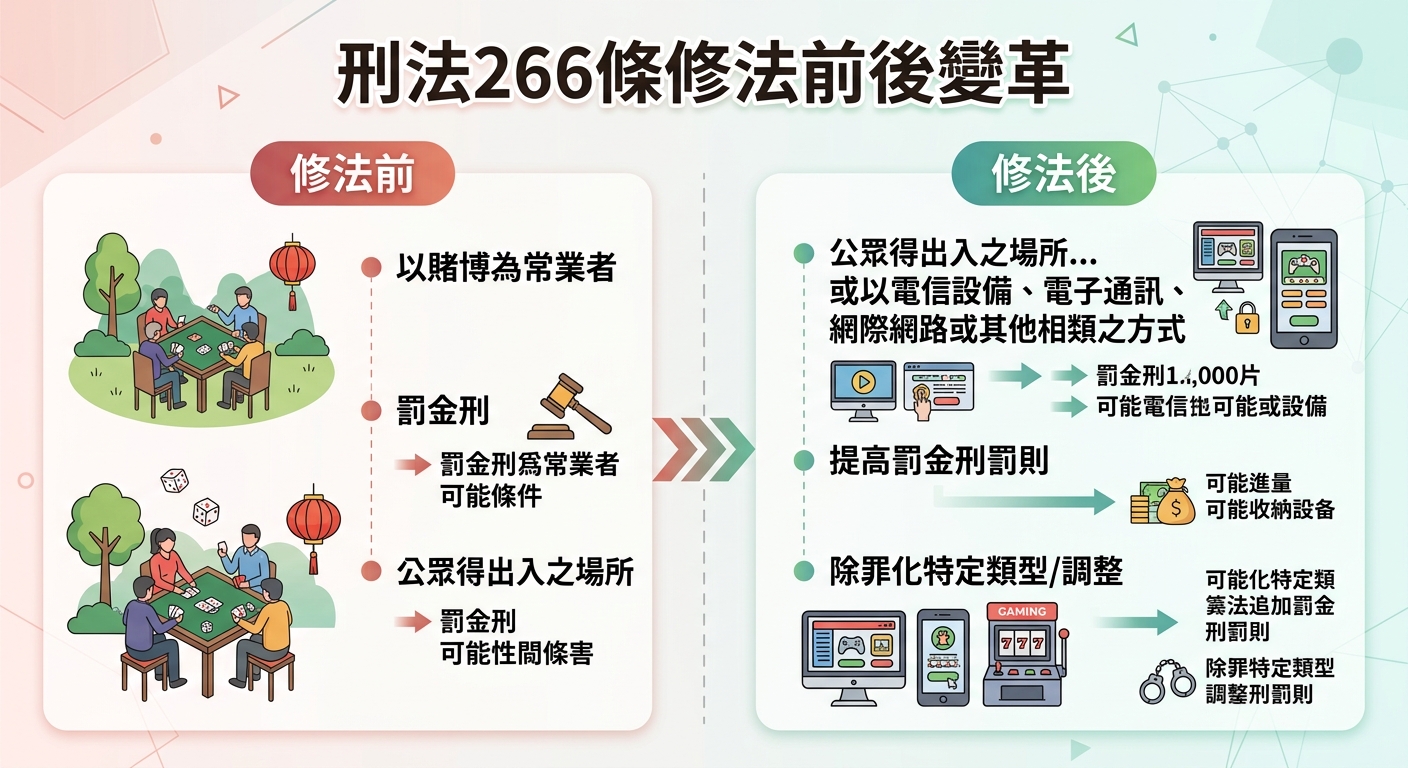 這張圖表呈現了「刑法266條修法前後變革」的比較，左側為傳統實體場所賭博，右側為修法後涵蓋的網路與電信賭博。 圖中透過對比欄位、法條文字摘要與插圖，清晰展示了賭博罪在適用範圍、傳輸媒介及罰則上的主要差異。