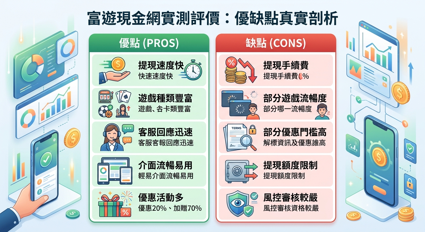 這張圖片呈現了一份針對「富遊現金網」的實測評估報告圖表,上方標有醒目的分析標題。 畫面左右兩側以綠色與紅色的對比欄位,搭配清晰的圖示展示該平台的各項主要優缺點與實測剖析。