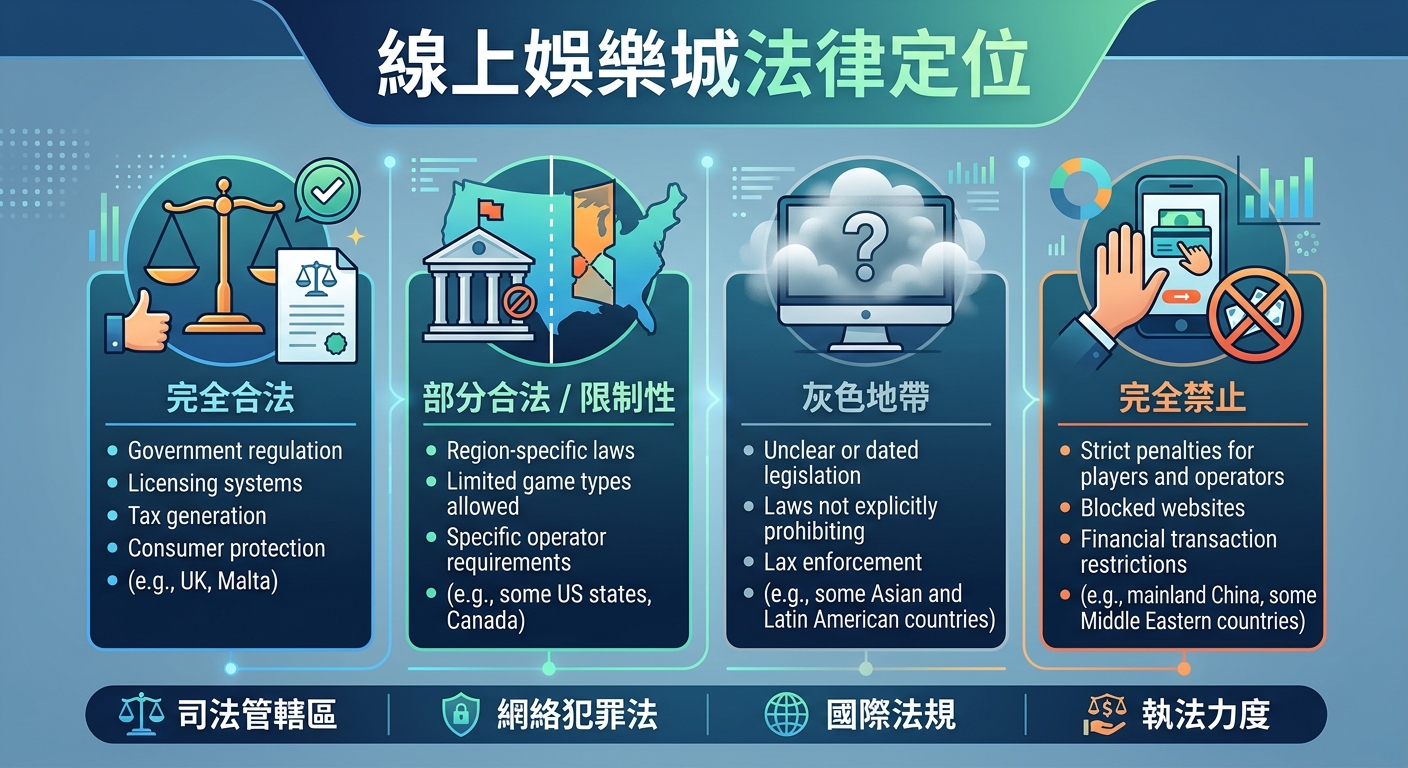 這幅圖表詳細解析了「線上娛樂城法律定位」，並將其劃分為完全合法、部分合法、灰色地帶與完全禁止四大等級。 整體採用現代化的科技藍風格，透過清晰的圖示、對比色塊與項目清單，直觀地呈現各國司法管轄區與法規執行的差異。